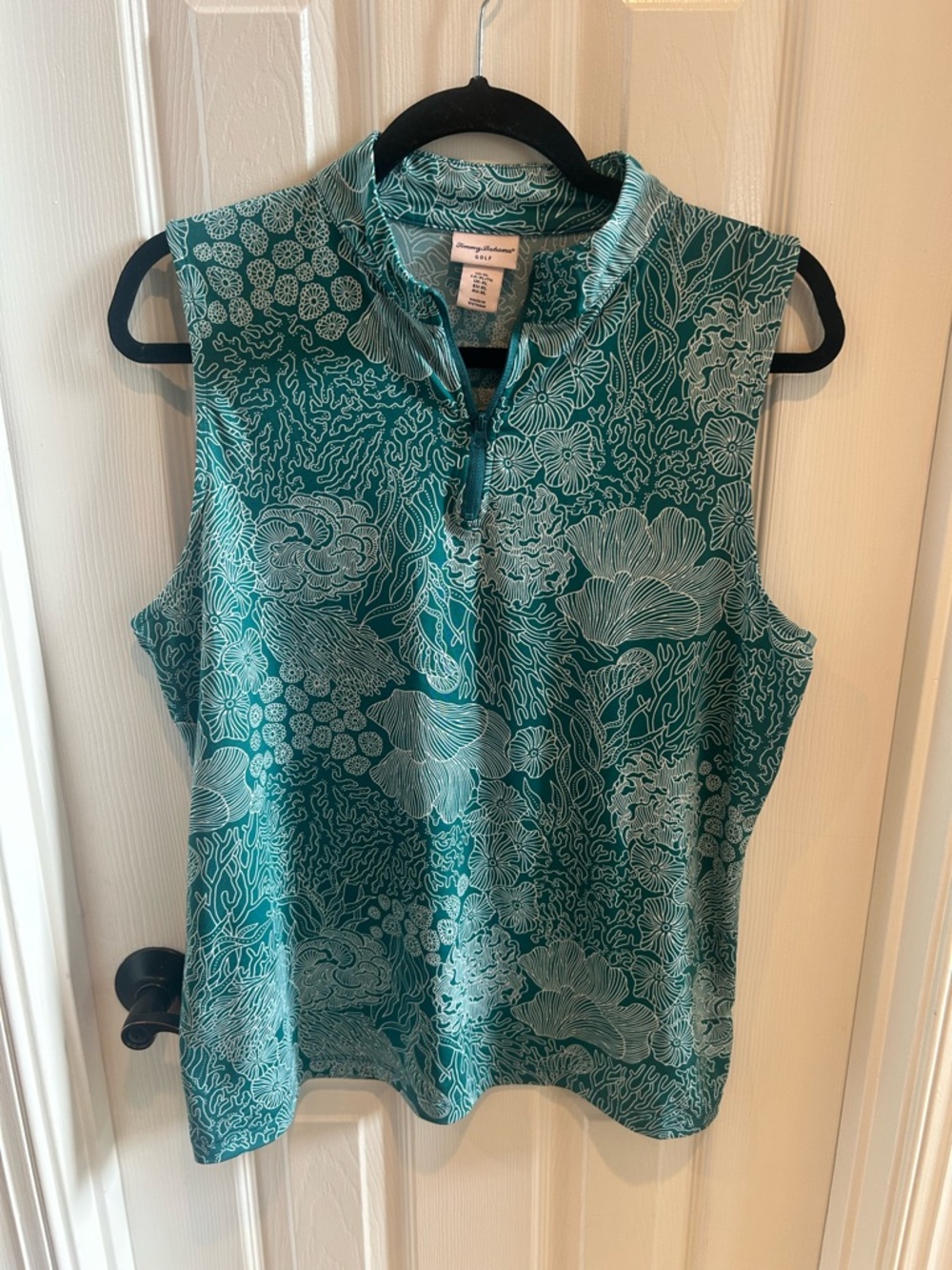 Tommy Bahama Reef Teal Print Sleeveless Polo Top